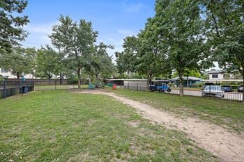 A grassy area with trees and a fence